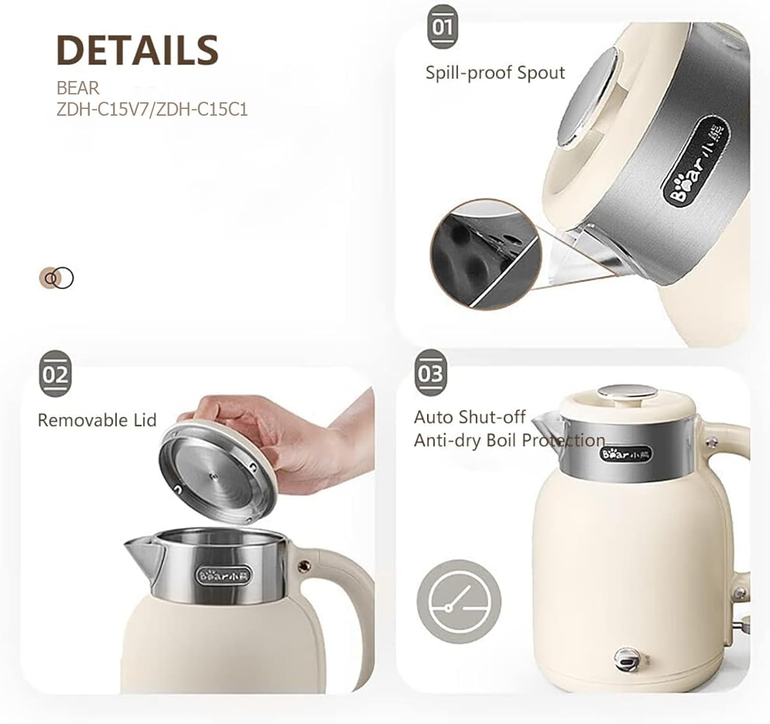 BEAR Electric Kettle, 1.5L Hot Tea Water Boiler, 1500W Rapid Boil, 316 Stainless Steel Pot, One-Key Keep Warm 65℃, Auto Shut-Off & Boil Dry Protection (Ivory White) image number 1