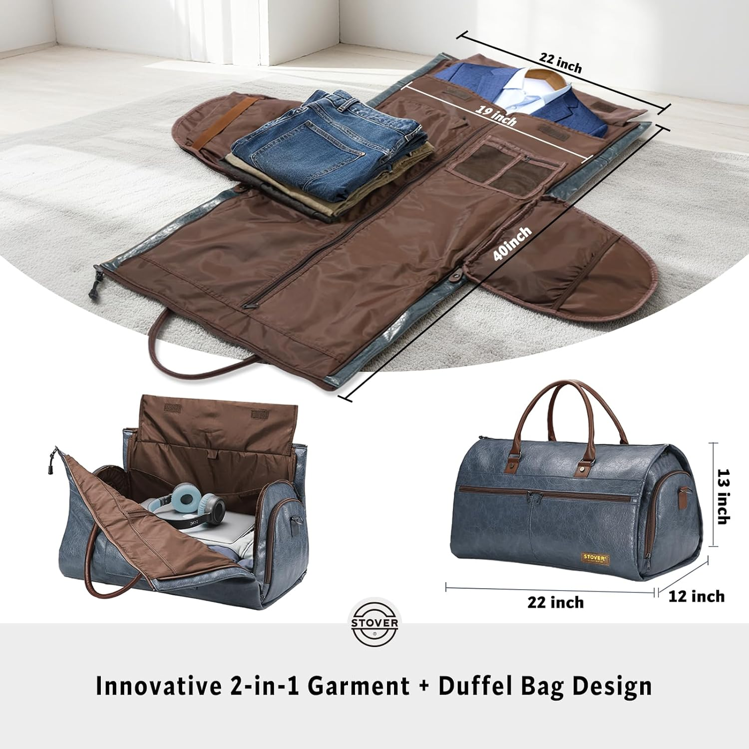 STOVER Garment Travel Duffle Bag, Large 2-In-1 Convertible Carry-On Luggage for Men & Women- Hanging Suits, Dresses & Clothes + Shoe Compartment- Weekender Tote Combo Duffel, Blue - Blue image number 6