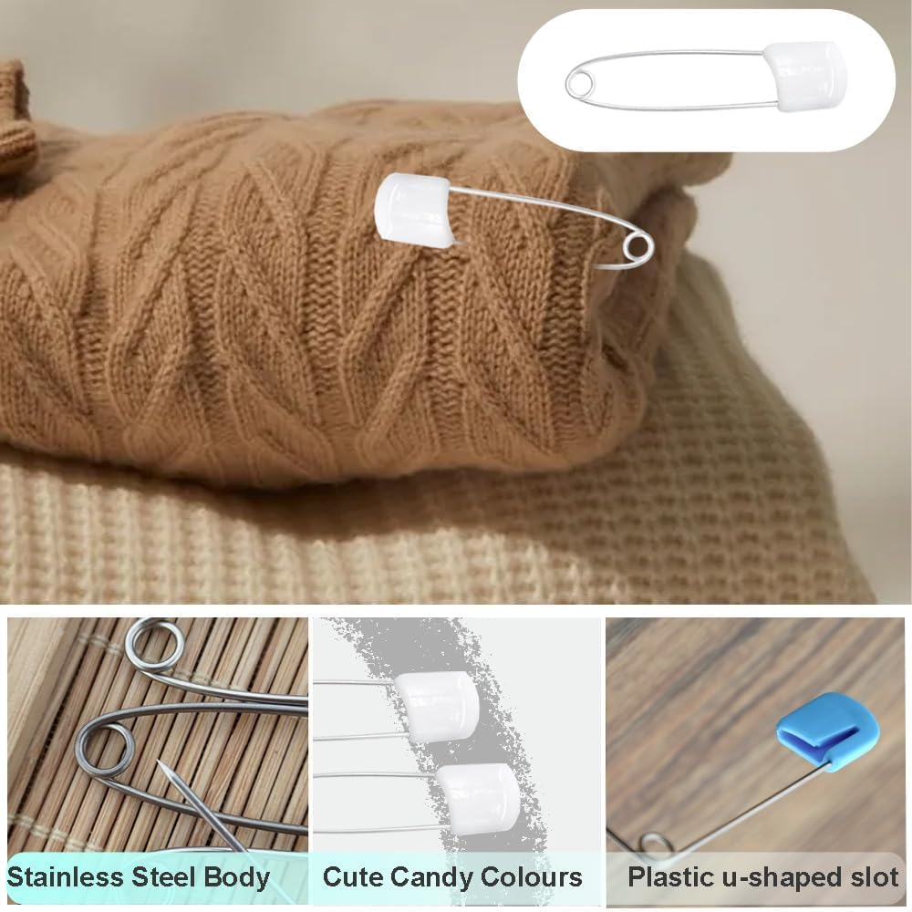 Nappy Safety Pins,100 PCS Plastic Head Cloth Diaper Pin Stainless Steel Lock Diaper Pins Craft Sewing Baby Safety Pin for Clothes Dress Craft Hold Clip image number 4