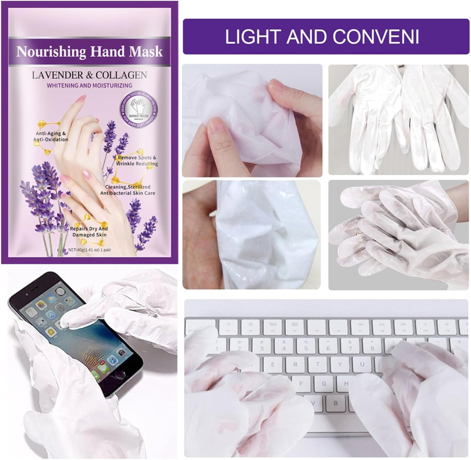 Joyeee Hand Masks for Aging Hands, 5 Pairs Moisturizing Gloves for Exfoliating with Lavender Extracts and Collagen, Suit for Dry Hands, Dry Skin, Hand Moisturizer Hand Care Gift image number 4