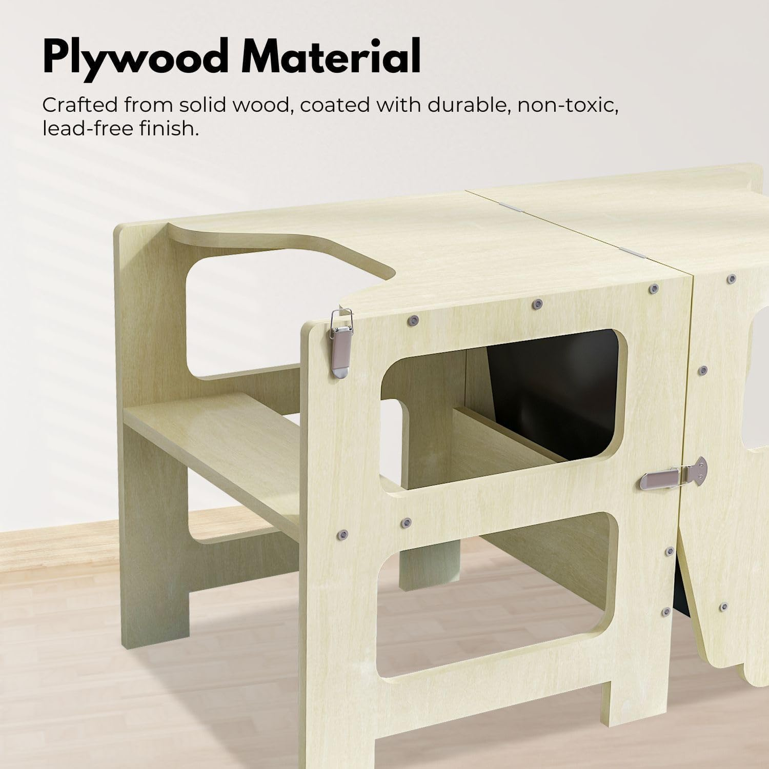 Ekkio Folding Kitchen Kids Step Stool with Chalkboard Non-Slip Design, Versatile Use, Easy Assemble, Lightweight (Wood) image number 1