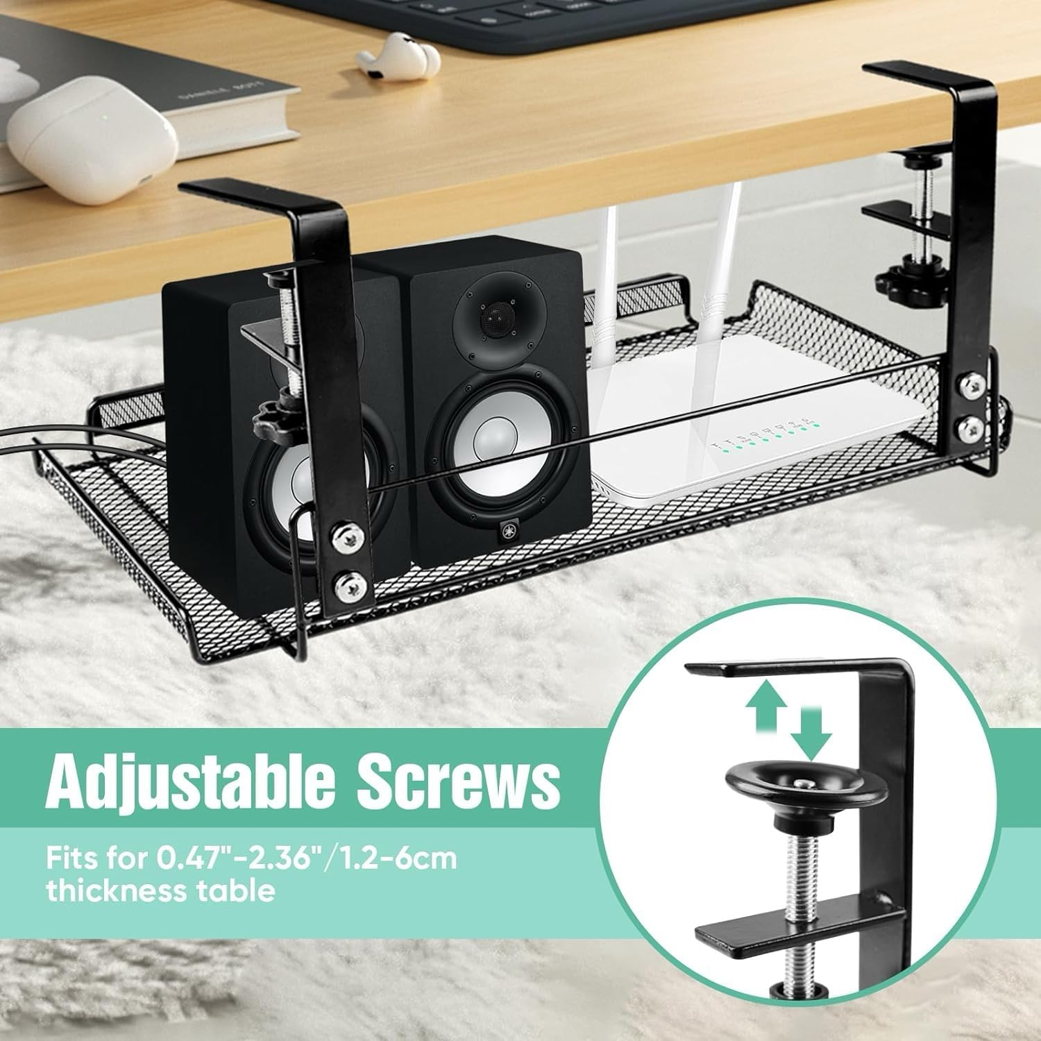 2 Pack under Desk Cable Management Tray No Drill, Under-Desk Cable Organiser for Cord Management, Ultra-Rugged Desktop Cable Rack with Clips, Standing Desktop Cable Manager (Black, L) image number 6