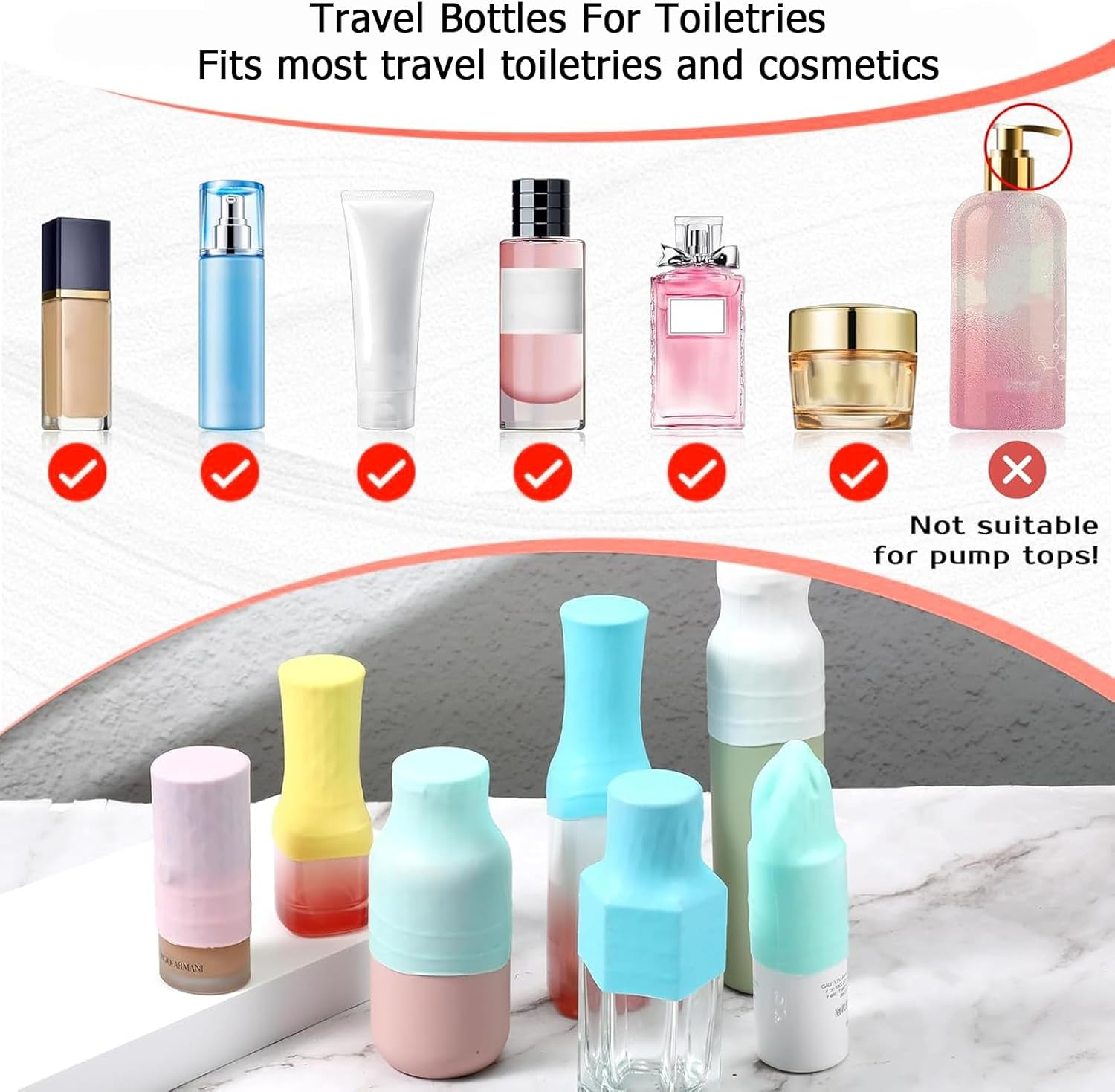12 Pcs Silicone Bottle Covers for Travel, Travel Essential for Women Men,Beach Vacation Essentials,Travel Size Toiletries Accessories Elastic Sleeves for Leak Proofing image number 4