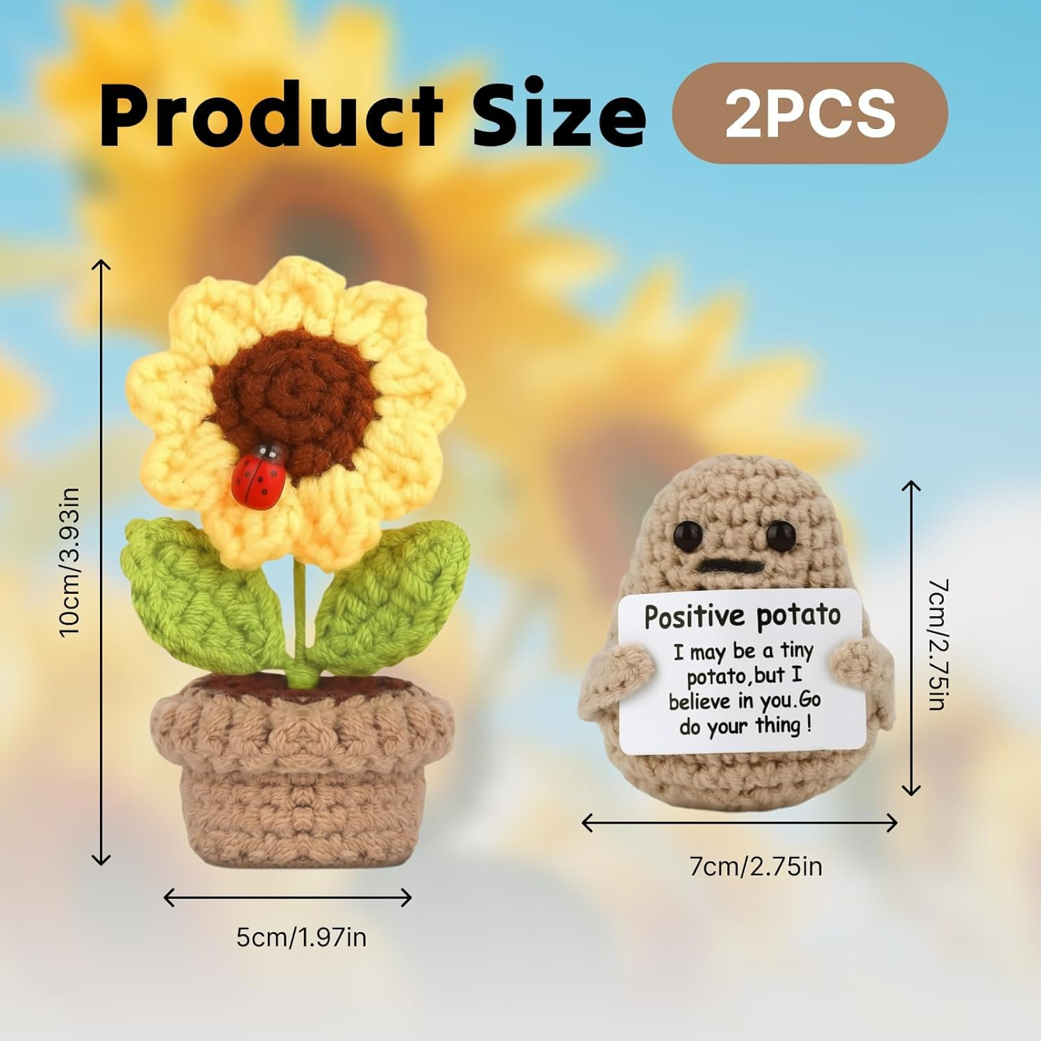 Positive Mini Potato Funny Gifts, 2PCS Emotional Support Sunflower Pot Desk Decoration, Crochet Birthday Gifts for Women, Best Friend, Unique Her, Positivity-Inspired Decor image number 1