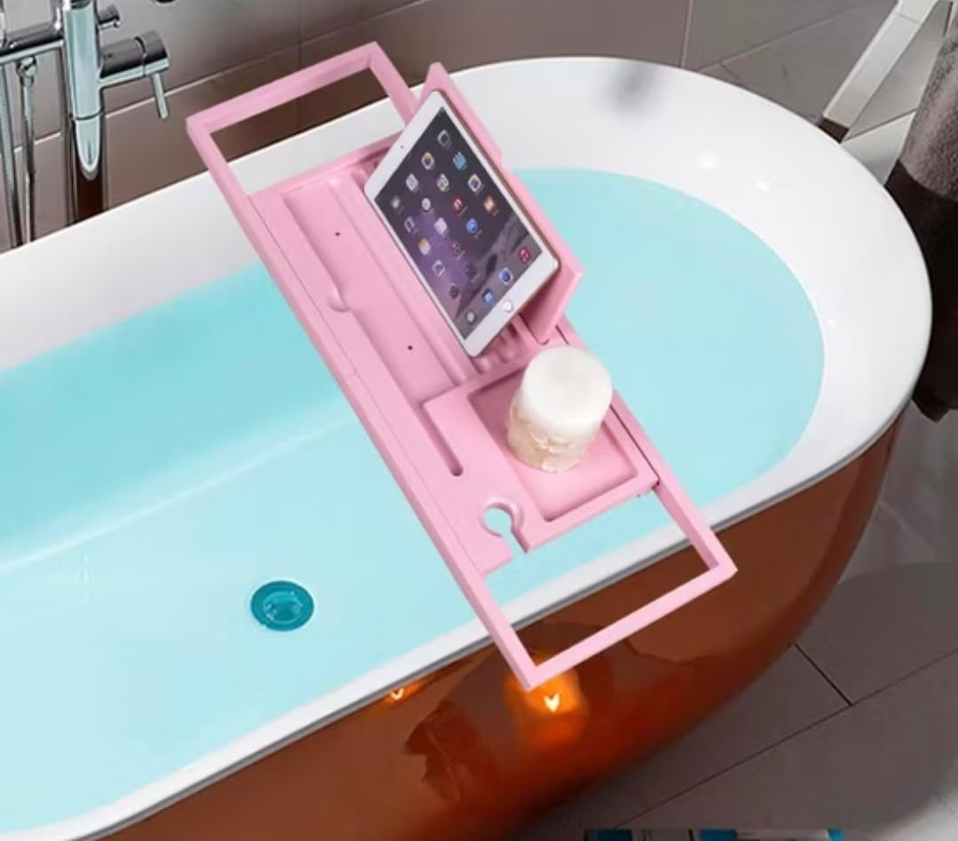 Bathtub Caddy Tray, Extendable Bath Organiser with Book Rest, Pink Bath Shelf