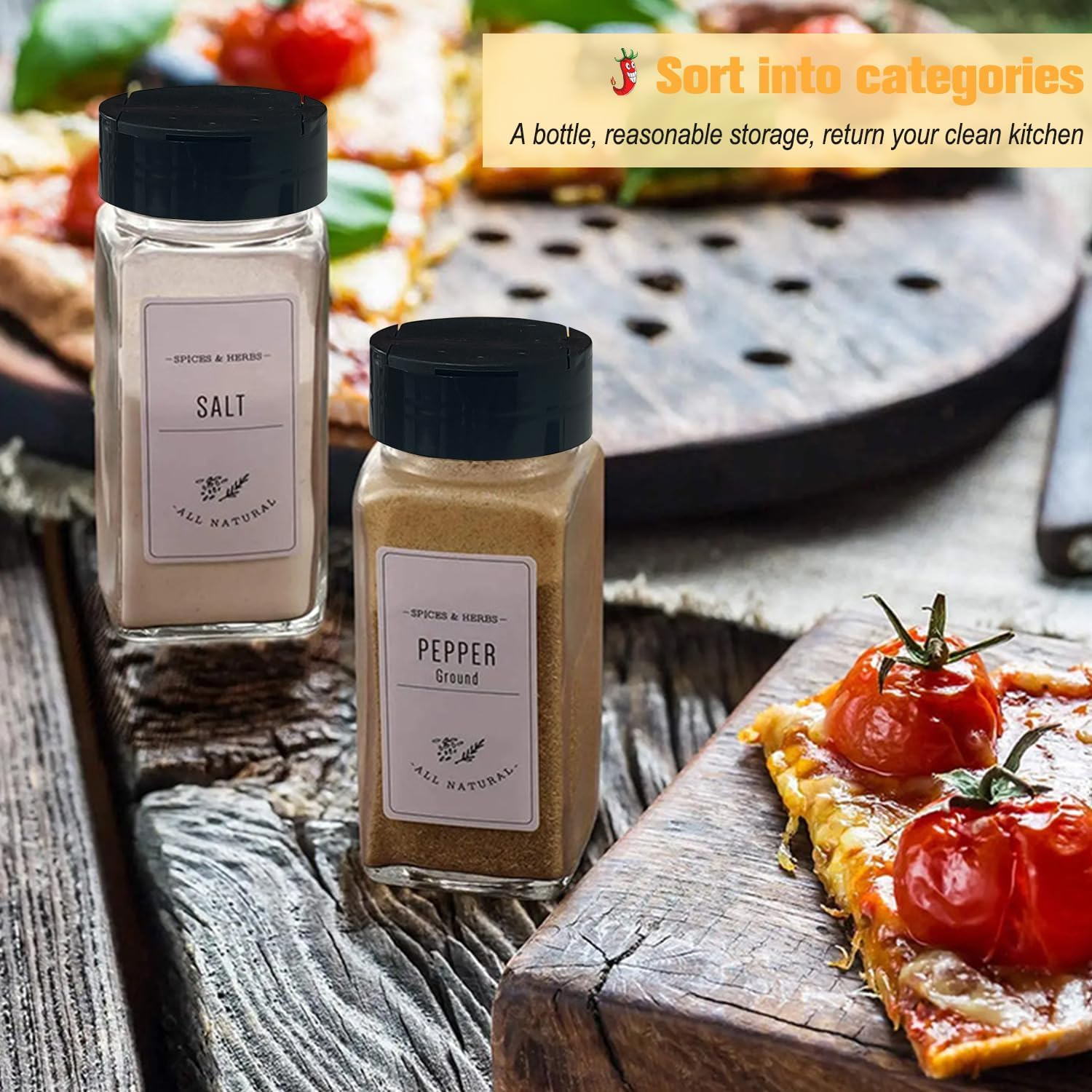 24 Pcs Spice Jars with Labels, Yakiter 120 Ml Glass Spice Jars with Black Seal Lid and Funnel, Kitchen Sealed Storage Jar with Lid, Empty Spice Jar for Kitchen, Cabinets, Drawers (24 Bottles)