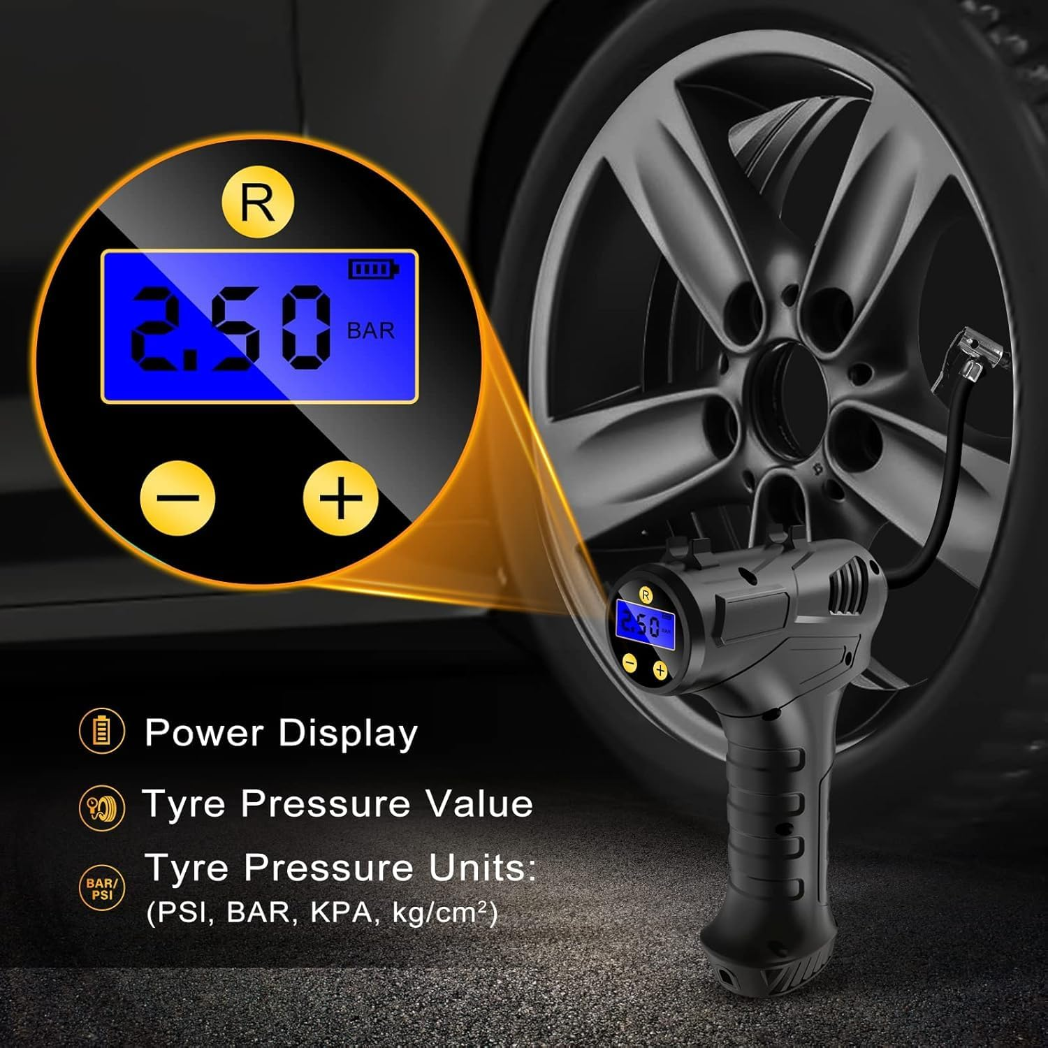 Tyre Inflator Cordless Air Compressor,12V USB Rechargeable Battery,150Psi Portable Car Tyre Pump,Electric Digital Pump with LED Light and 3 Nozzle Adaptors,For Cars,Suv,Motorcycles, Bicycle,Balls