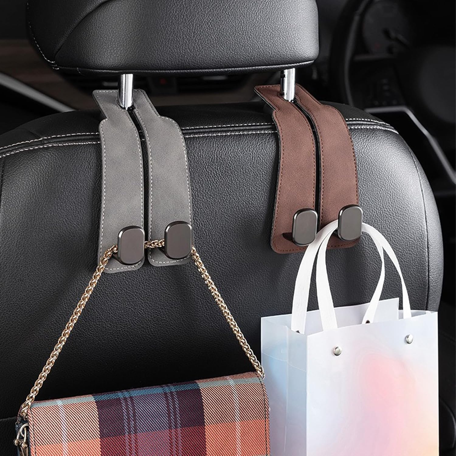 Car Seat Headrest Hook, 2 Pack Leather Car Seat Storage Hanger for Purses and Bags, Car Organization Accessories (2, Black) - Brown image number 2