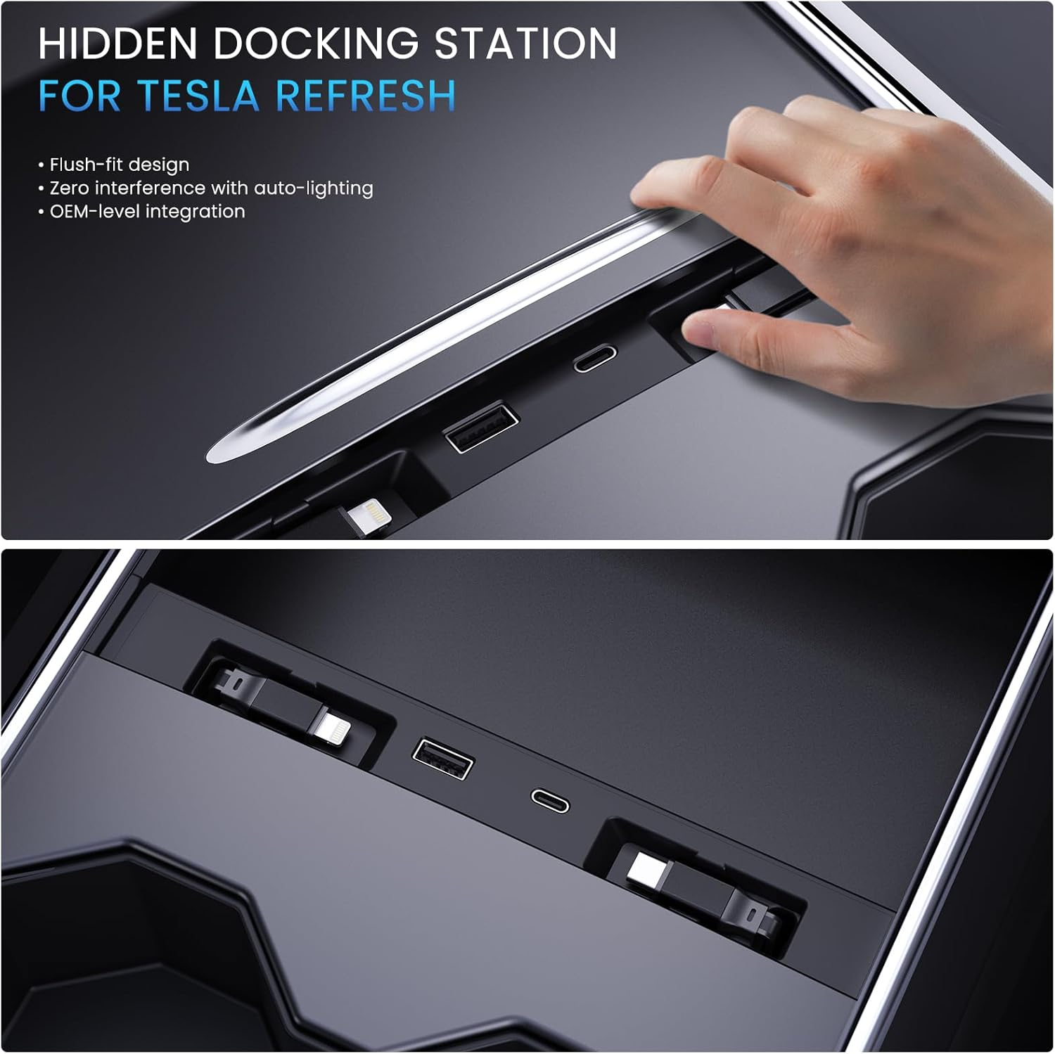 USB HUB for Tesla New Model Y Juniper & Model 3 Highland，Hidden Docking Station Design，Tesla Model 3 (2024 2025 2026)/New Model Y Juniper Accessories for Phone Charger 2 Type-C Fast Charging Cables image number 4