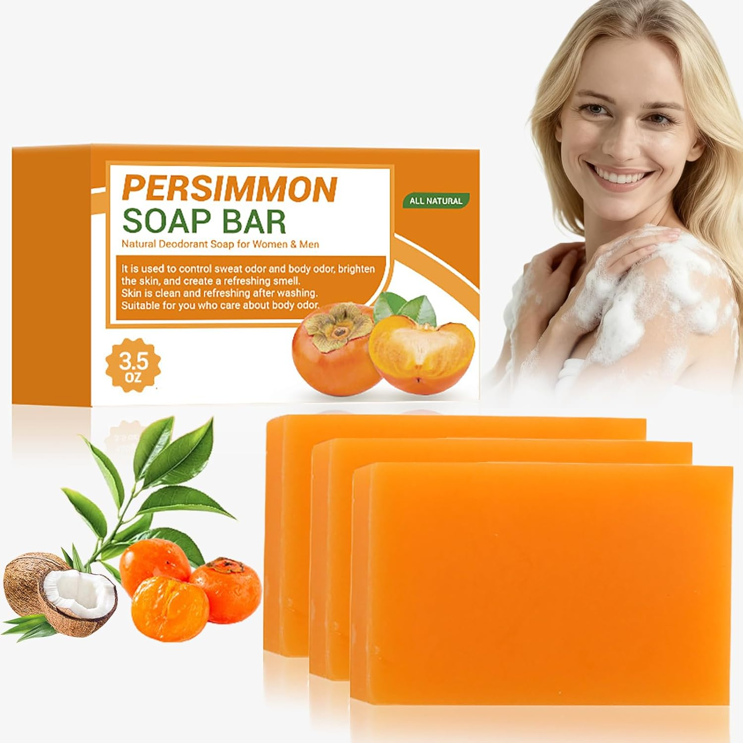 Persimmon Soap Bar for Body Odor Removal, Natural Deodorant Bath Soap for Old People Smell, Handmade Persimmon Green Tea Soap for Face & Body Wash, Deeply Cleansing & Moisturizing Bar 100G (1Pcs)