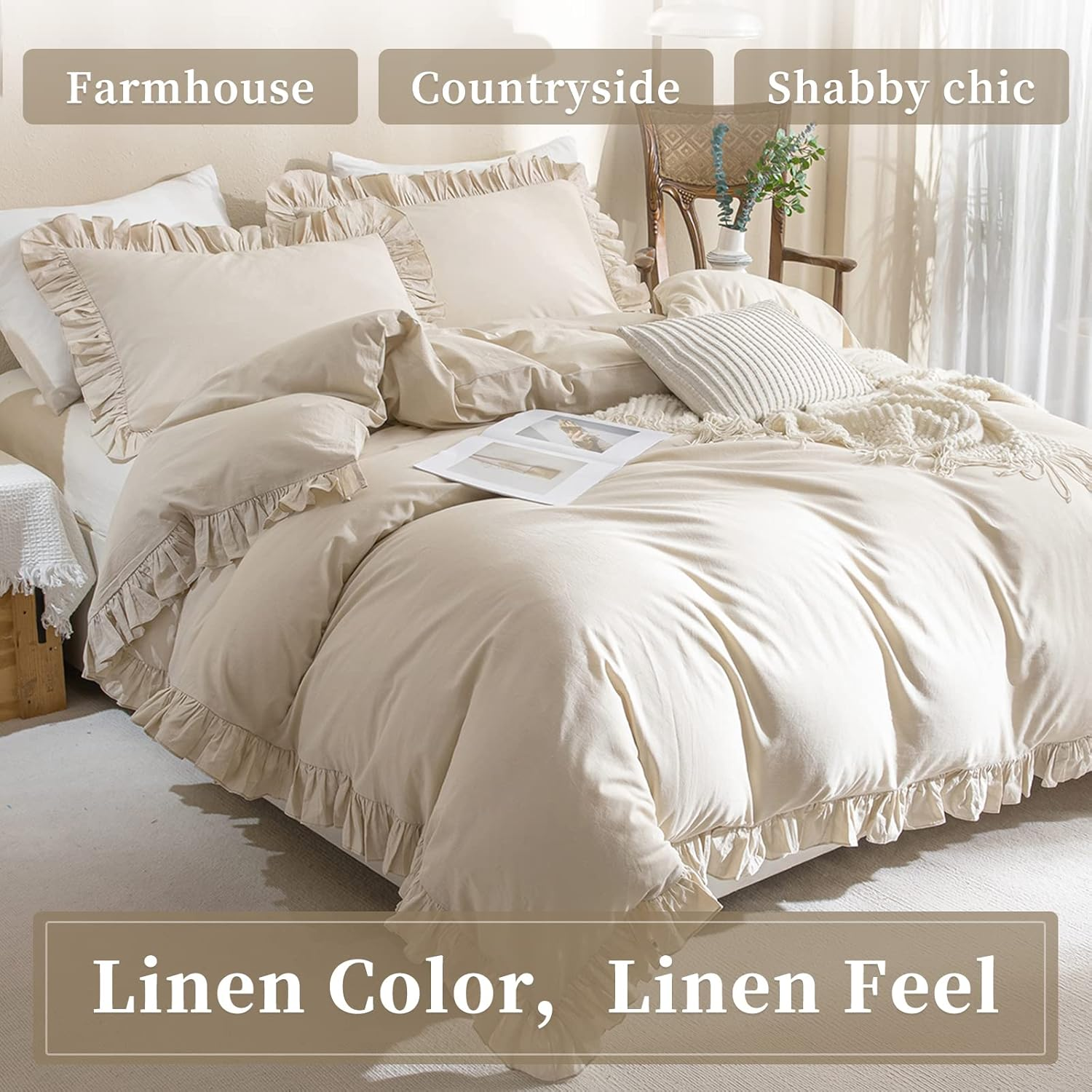 QSH 100% Cotton Queen Duvet Cover Set,Ruffle Duvet Cover Linen Feel Textured Farmhouse Shabby Vintage Chic Bedding Comforter Cover 3 Pieces Aesthetic French Country Queen Bed Set Soft Breathable image number 2