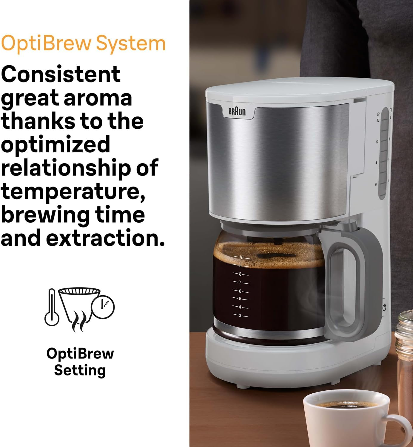 Braun Purshine KF1500WH, Coffee Filter Machine with Optibrew System, anti Drip Function, Safety Auto Shut-Off, 10 Cup Aroma Carafe Capacity, 1000W, White - White image number 3