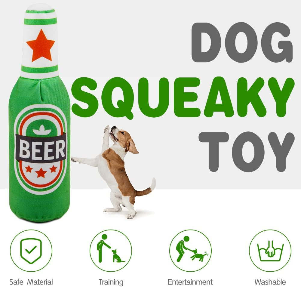 Vsshe Beer Bottle Plush Toys, 1 Pack Pet Plush Squeaky Dog Toy, Champagne Shape Dog Squeaky Chew Toys, Interactive Safe Doll Game Dogs Birthday Toys for Small, Medium, Large Dogs and Other Pets, Green image number 3