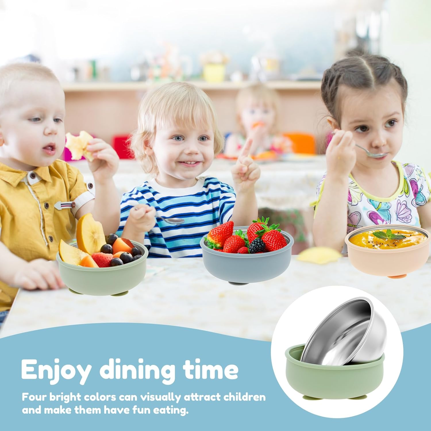 4 Pcs 304 Stainless Steel Baby Bowl with Removable Silicone Shell,Nonslip Baby Food Bowl with Suction for Toddlers 4 Colors Se image number 3