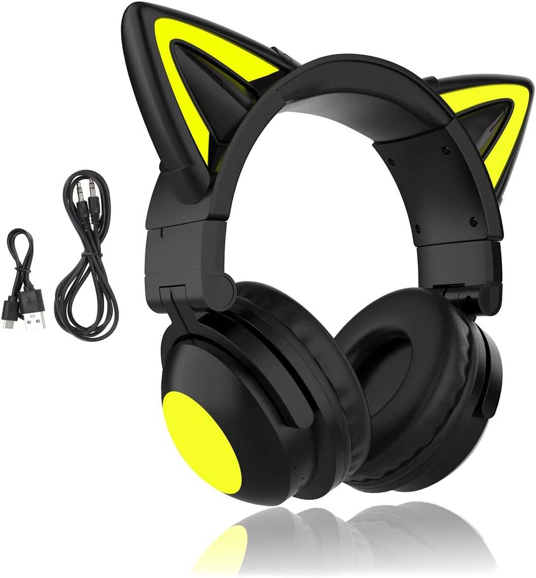 Bluetooth Headphones, Cat Ears LED Wireless Gaming Headset Children'S Headphones Bluetooth Stereo Headset Foldable Cat Ears Over-Ear Headsets with Adjustable Microphone for Smartphones/Laptop/Tablet image number 2