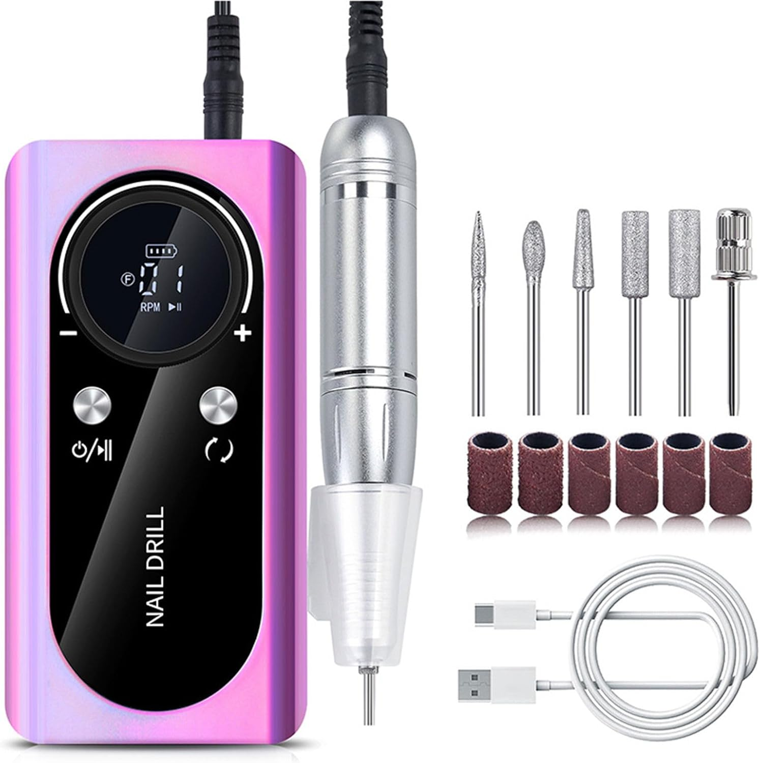 Cordless Nail Drill Machine,45000 RPM Rechargeable Portable Nail File Kit for Acrylic, Gel Nails, Manicure (Purple) image number 5