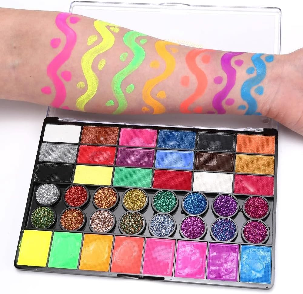 Professional Face Painting Kit (42 Color) for Kids Adults, Non Toxic Water Activated Face Paint Palette with Stencil One Stroke Split Cakes Palette Rainbow Flora Dolphin Unicorn Flame Body Paint image number 6