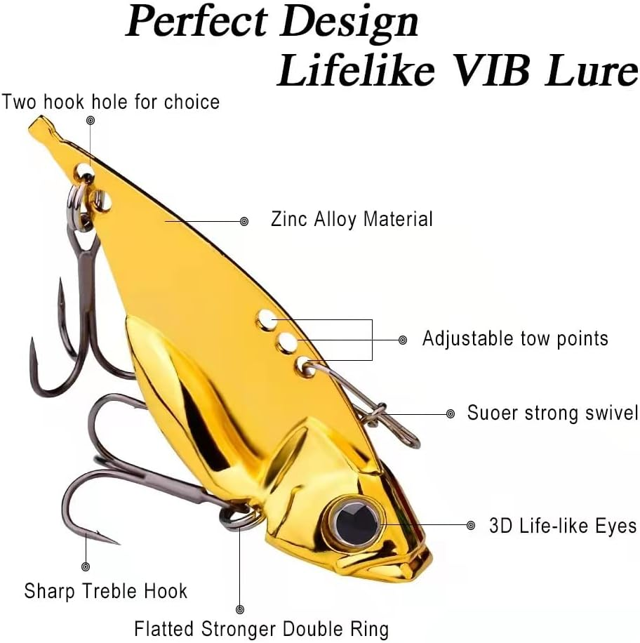 5 Pack Metal Blade Baits for Bass Fishing Lures Hard Metal VIB Fishing Spoons Crankbaits Swimbaits for Trout Walleye Crappie Saltwater Blade Bait Fishing image number 1