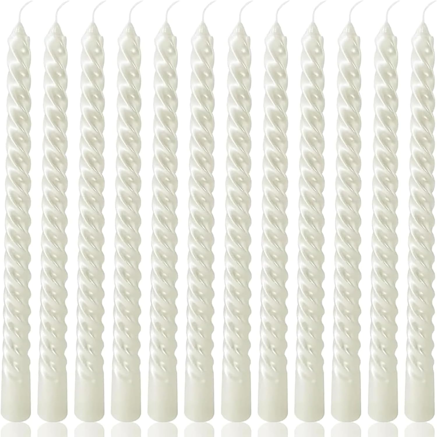 10 Inch Metallic White Spiral Taper Candles - 12 Pack Unscented, Dripless Twisted Candlesticks for Wedding, Dinner Party, Ceremony, Religious Events, and Holiday Home Decor (White)