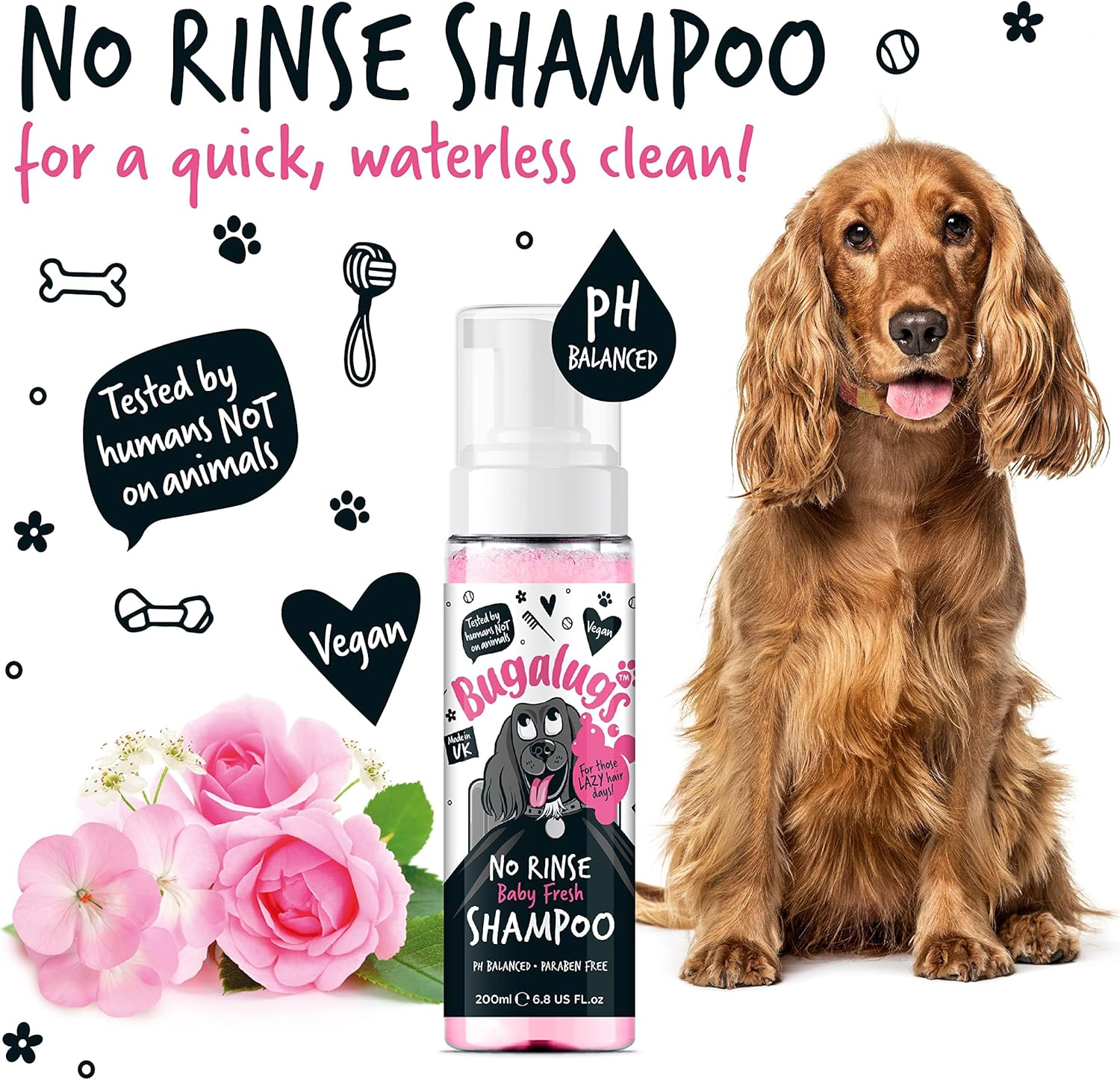 BUGALUGS No Rinse Baby Powder Dog Shampoo &ndash; Coat Dry Shampoo Quick Dog Bath for Dogs Itchy Skin Relief. Puppy Professional Groom Baby Powder Spray Foam (No 200Ml) Pink (BSNRBF200) image number 3