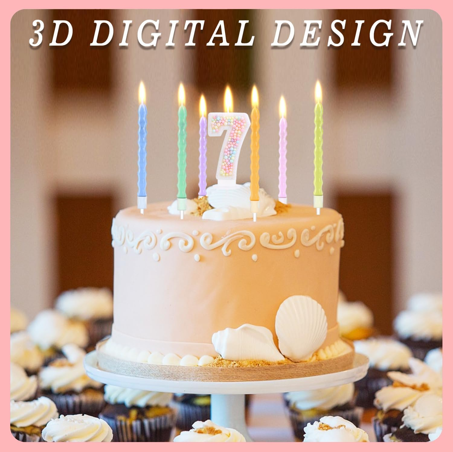7 Birthday Candle Pastel with 6 Pcs Rainbow Pearl Candles, 3D Macaron Glitter Number 7 Candle for Birthday Cake Girl Women Sweet Theme 7Th Birthday Anniversary Party Decoration image number 3