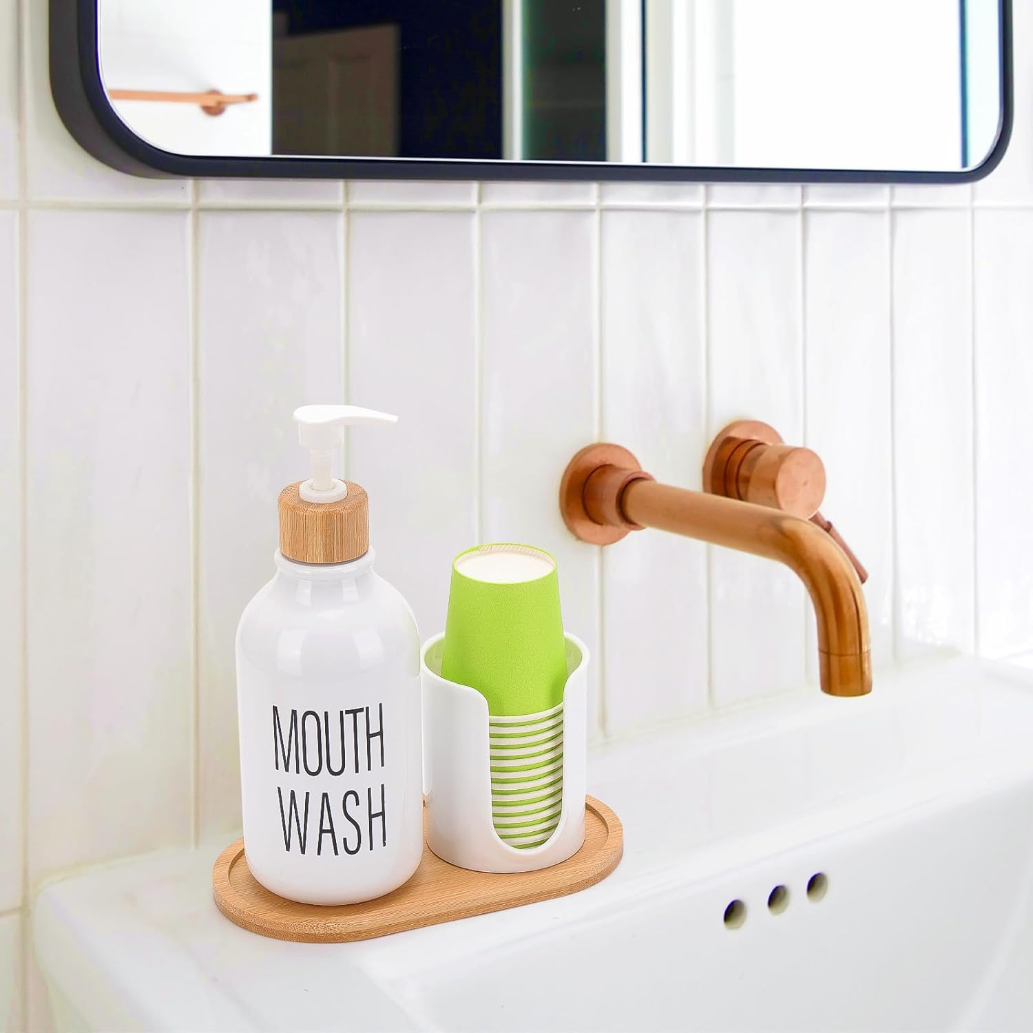 Mouthwash Dispenser with Cup Holder, Plastic White Mouth Wash Pump Bottle with Tray for Bathroom Organizers, 17Oz Refillable Clear Mouthwash Container