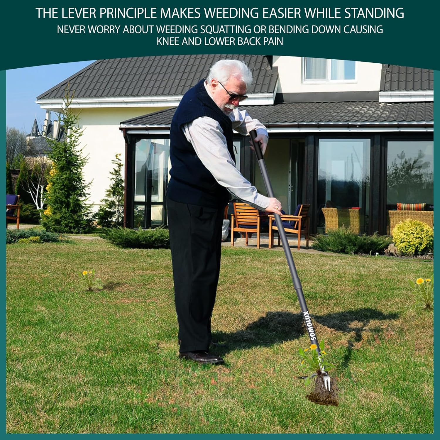SOMOLUX 52'' Weed Puller Tool Stand-Up Weeder with Metal Long Handle/Stainless Steel Claw, Gardening Manual Tool Weed Gripper/Picker/Remover No Bending/Kneeling to Remove Dandelion Form Lawn Patio image number 5