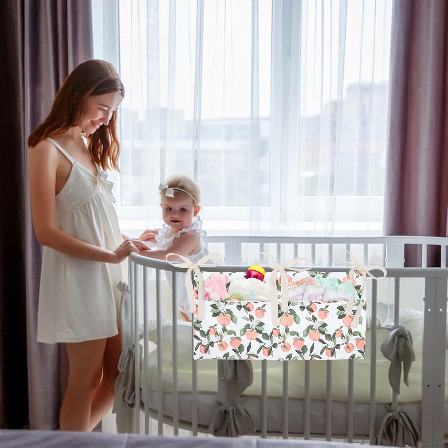 Winmany Baby Crib Organizer Cot Caddy Bed Storage Bag 2 Pockets Bedside Hanging Diaper Nursery Organizer for Diapers Toys Clothing (Orange) image number 3