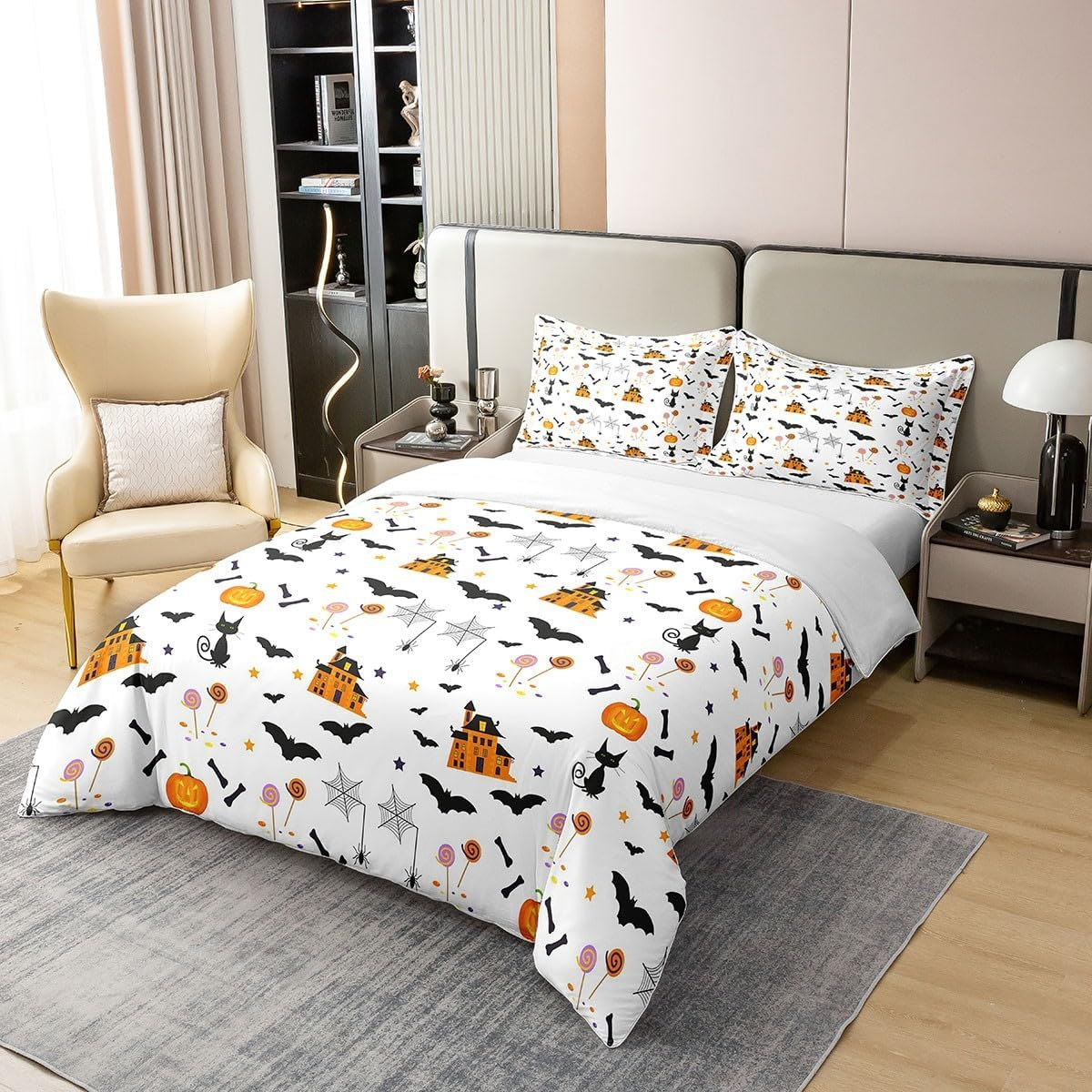Halloween Pumpkin 100% Cotton Duvet Cover 155 X 220 Cm, Teens Black Cat Skeleton Bone Bed Linen, Bat Spider Web Castle Star Comforter Cover, Christmas Candy Cane Quilt Cover, White Orange image number 4