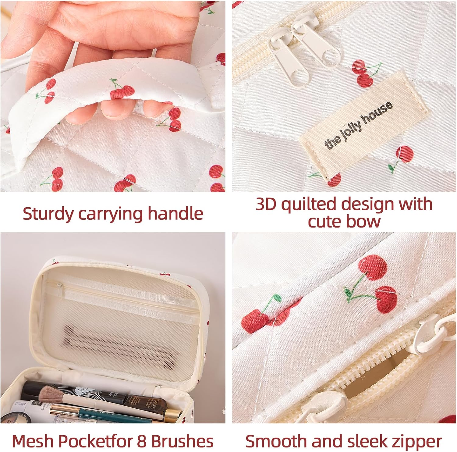 Quilted Cosmetic Bag Large Capacity Travel Cosmetic Bag for Women and Girls, Aesthetic Storage for Daily and Travel (Red Bigcherry) image number 1