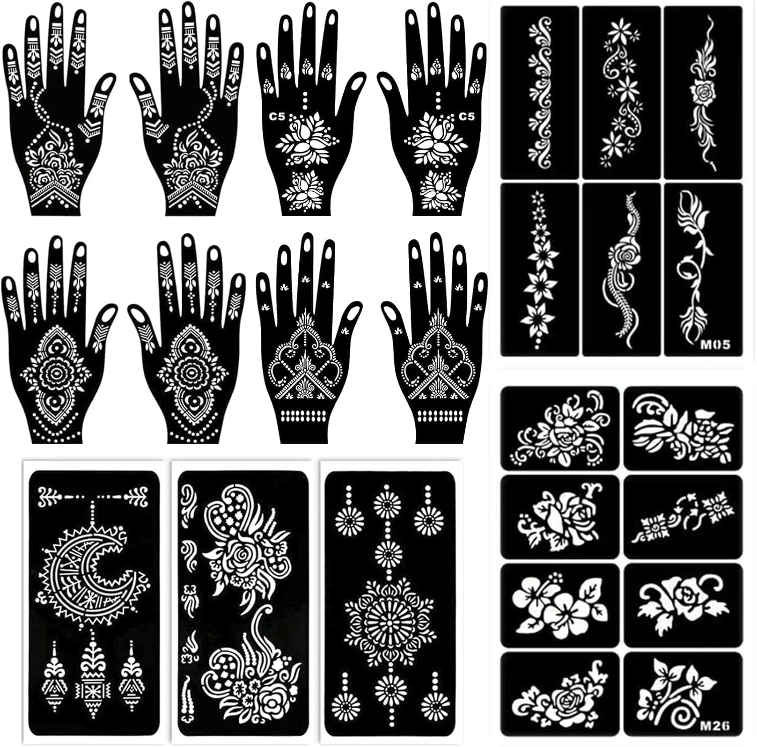 229Pcs Henna Stencil Kit, Glitter Tattoo Stencils for Women,19 Sheets Temporary Tattoo Stencils for Parties, Festivals, Compatible with All Skin Types, Reusable &ndash; Geiwogwc image number 5