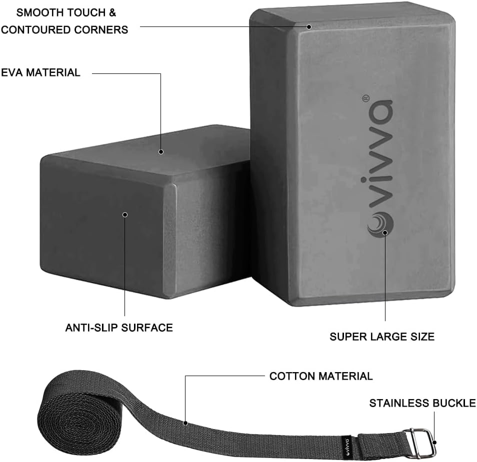 Vivva Yoga Blocks 2 Pack with Strap Non-Slip Extra Large 9 X 6X 4 Inches, EVA Foam Yoga Brick with 250Cm Yoga Strap to Improve Strength Balance for Yoga Pilates Meditation - Grey image number 5