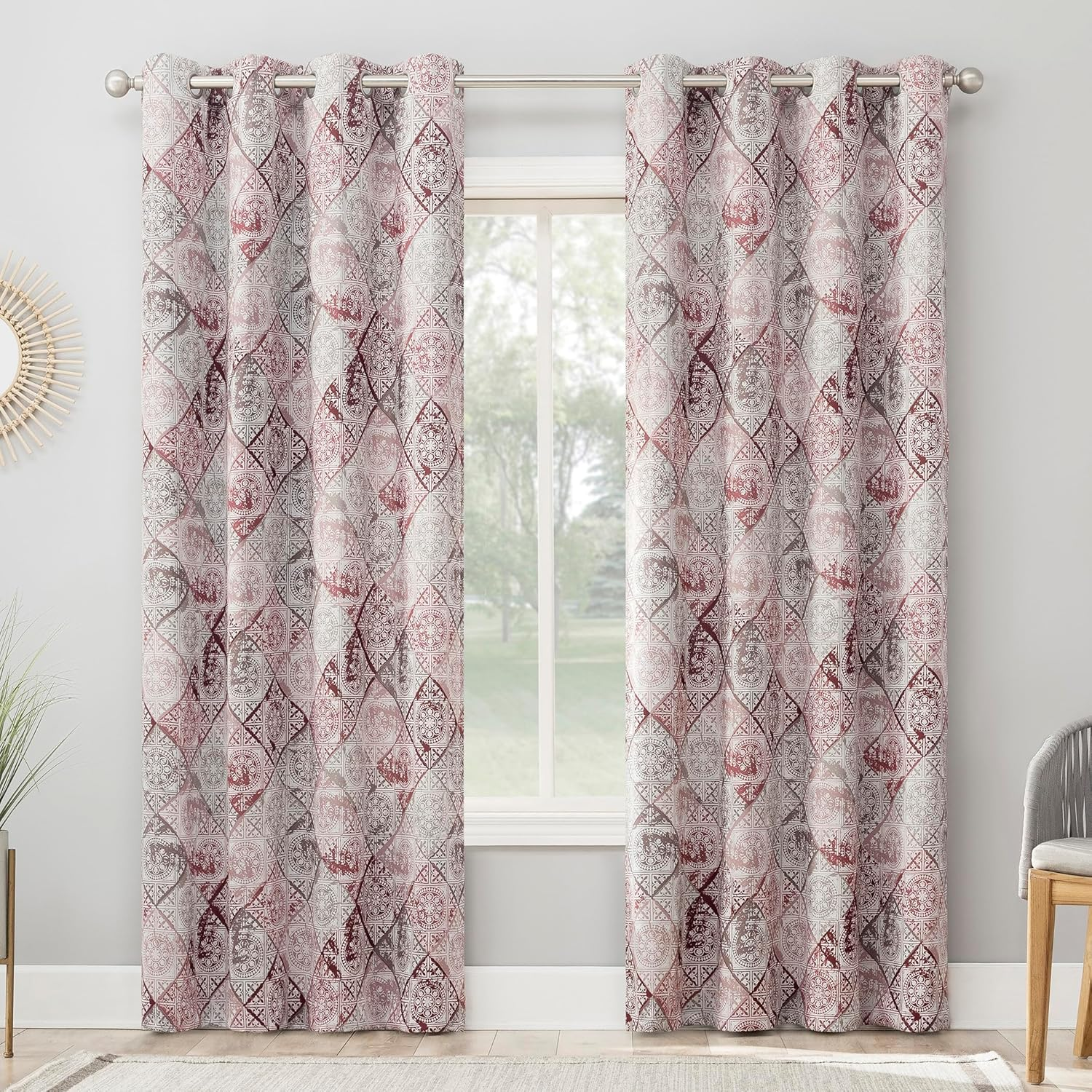 Sun Zero Reardon Global Medallion Print Energy Saving Grommet Curtain Panel, 54" X 95, Rosewine