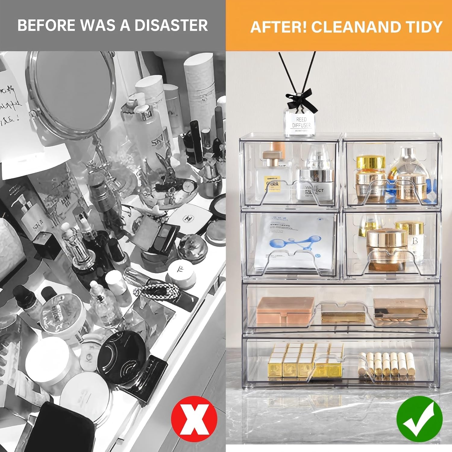 Makeup Organizer, 6 PCS Clear Stackable Storage Drawers, Desk Organizers, Dustproof Drawer and for Make Up, Jewelry, Clear Organizer for Home & Office Use, Bathroom Counter Dressing Table image number 2