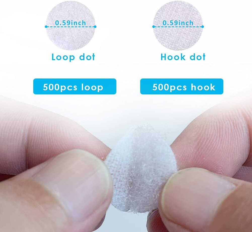 Self Adhesive Dots, 1000Pcs(500 Pair Sets) 0.59 Inch Diameter Strong Self Adhesive Dots for Classroom Nylon Sticky Back Coins Hook Loop Strips, Small Circle Dots Stickers Tapes, White image number 1