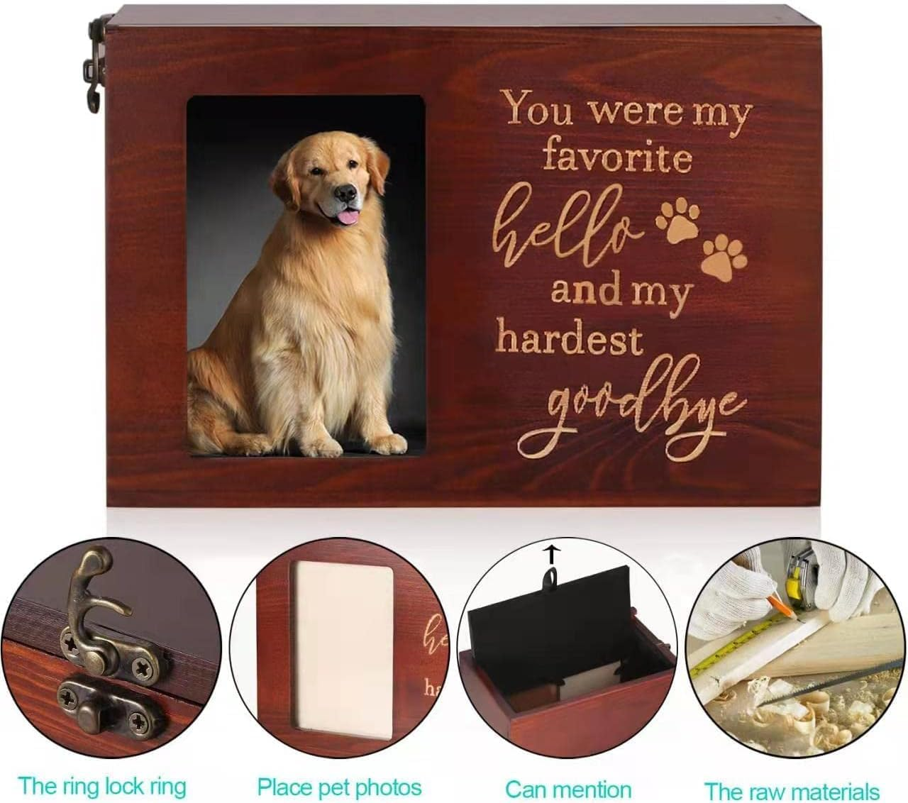 Pet Urn, Large Wooden Urn with Photo Frame, Wooden Pet Funeral Commemorative Box (Red) image number 2
