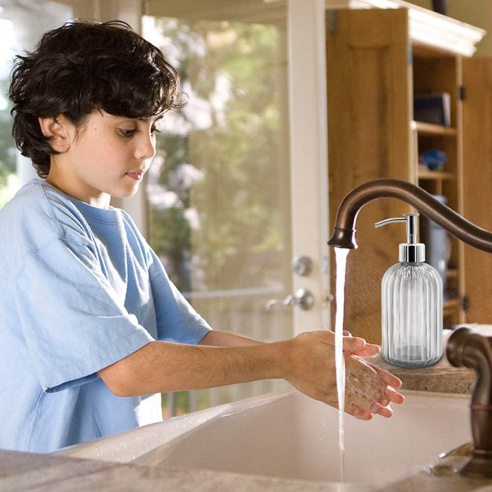 2PC Glass Jar Soap Dispenser - 14Oz Liquid Soap Dispenser, Refillable Liquid Bottle Dispenser, Premium Dispenser for Bathroom, Ideal for Kitchen Dish Soap, Soap, Shampoo Lotion Bottle (Transparent) - Blue image number 3