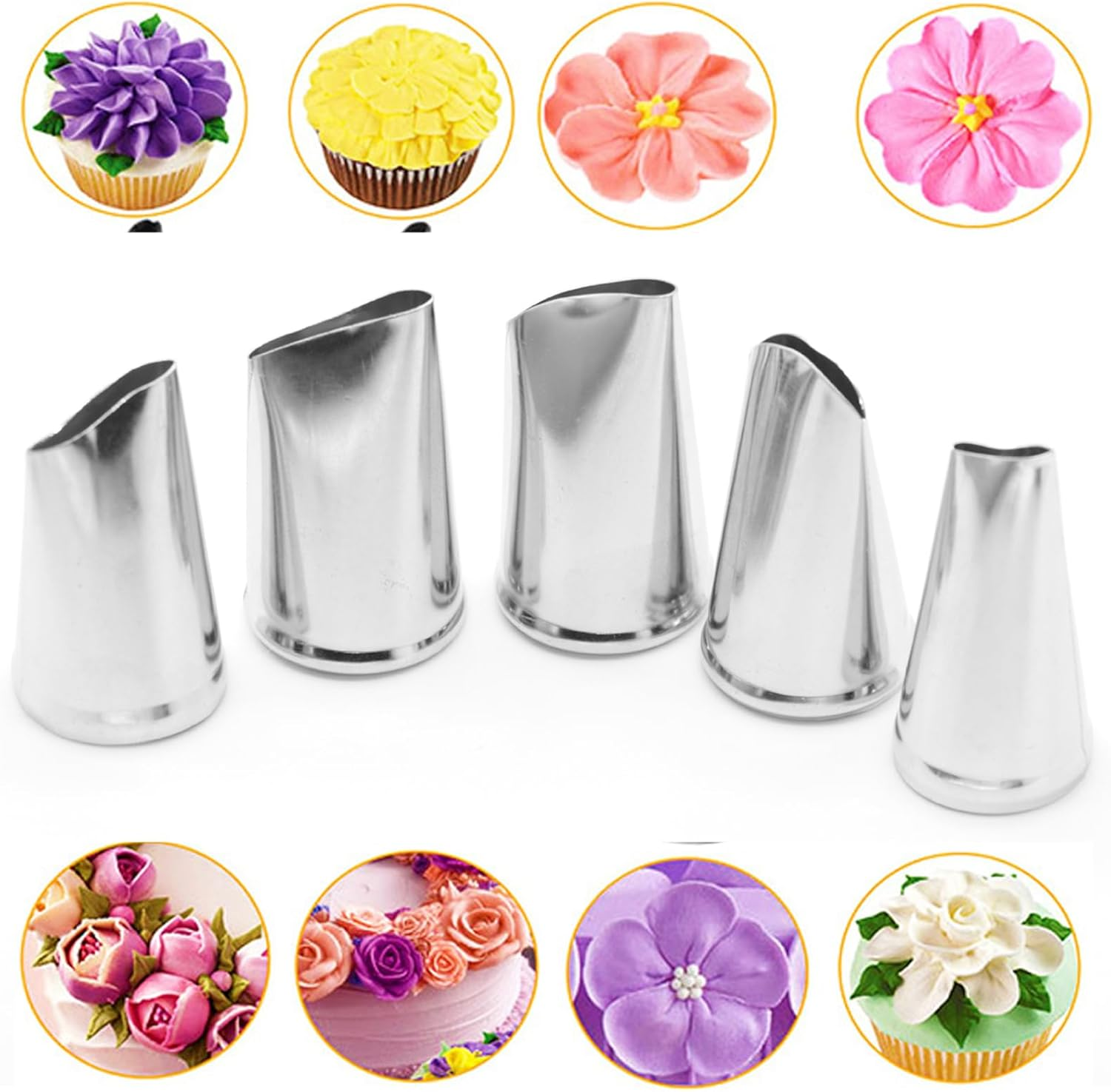 Wishesmar 5 Piece Petal Piping Nozzles Set for Cake Decoration - Quality Stainless Steel Nozzles - Ideal Nozzles for Cupcakes, Cakes, Cookies, Biscuits, Pastries image number 4