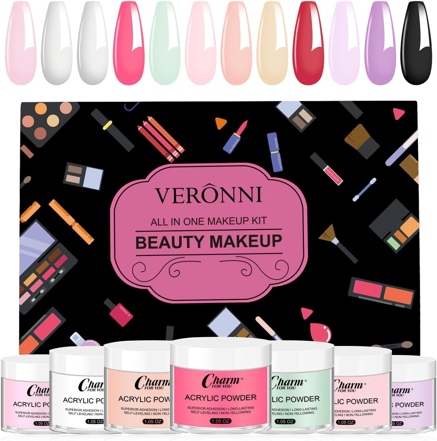 VERONNI Acrylic Nail Kit,3 Colors Acrylic Nail Powder Set for Acrylic Nail Extension 3D Carving for Nail Art Lover Beginner (30G 12 Colors) image number 6
