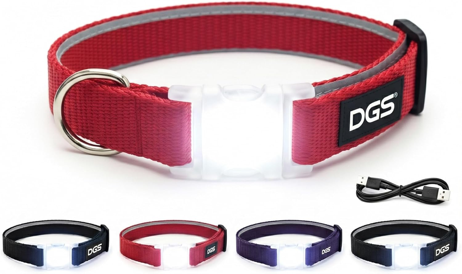 Dog Gone Smart Pet Products Rechargeable LED Light up Comet Dog Collar, Red, Large, 18"-25" (DGSLGUC5106)