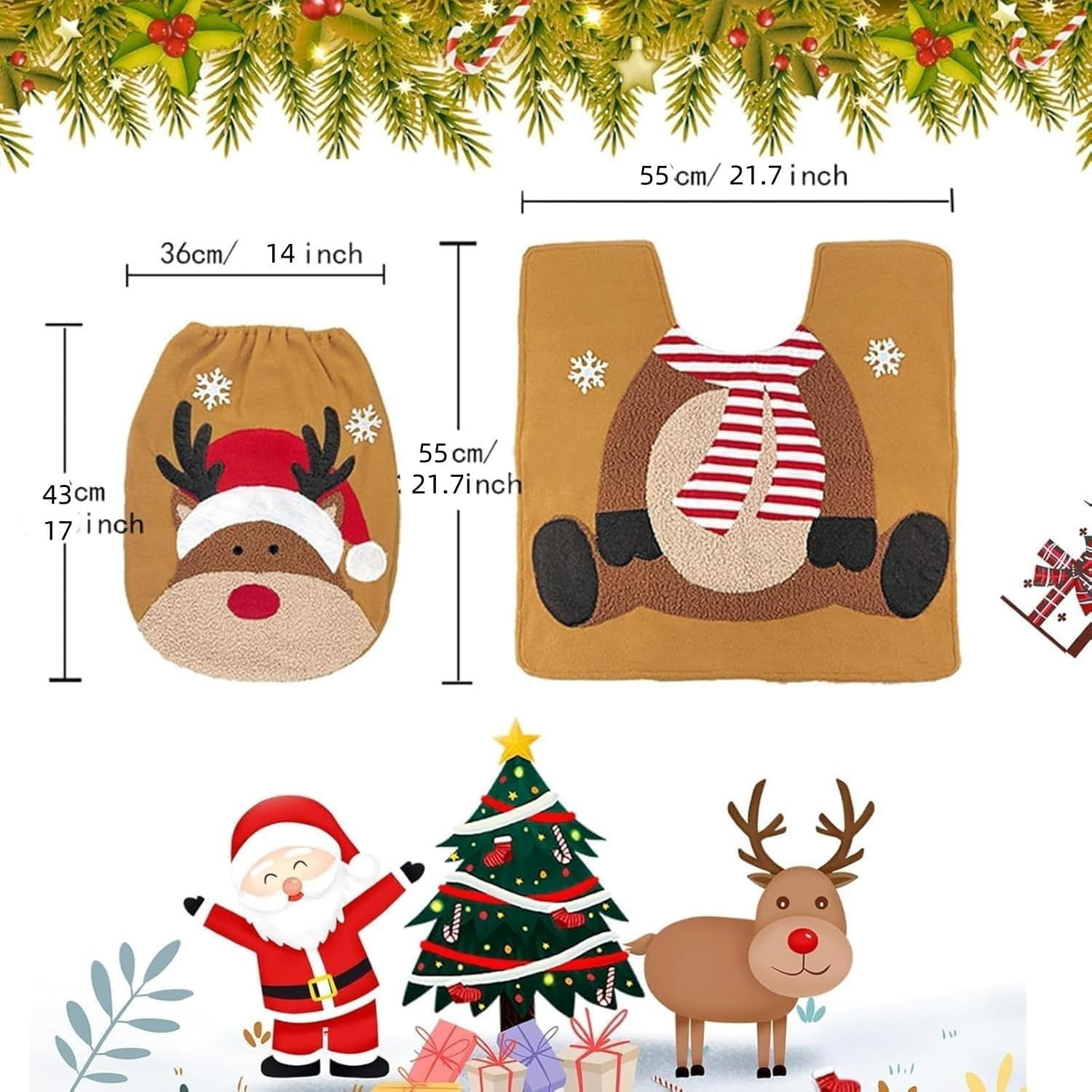 1 Set Christmas Toilet Set, Elk Toilet Cushion, Holiday Bathroom Decorations for Toilet Lid & Floor, Festive Xmas Bathroom Decoration Accessories