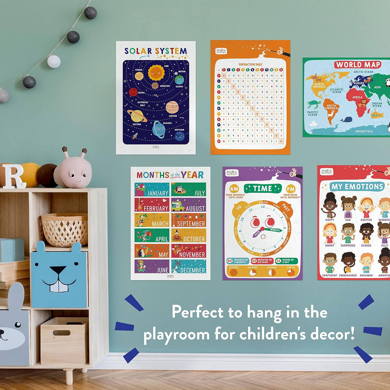 Magic Scholars Educational Posters, 18 Bundle Pack, Toddler Learning Posters, Classroom Decor for Kids, Kindergarten, Preschool, Homeschool Supplies, Alphabet Chart, Days of the Week Posters for Kids