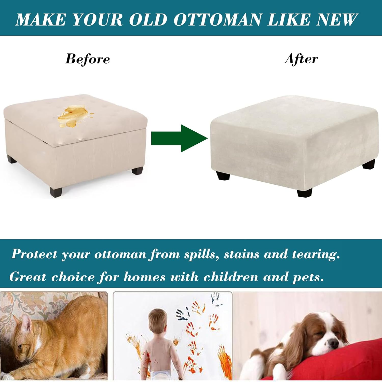 HFCNMY Velvet Ottoman Slipcover - Thick, Washable, Elastic Bottom, Living Room Beige image number 6