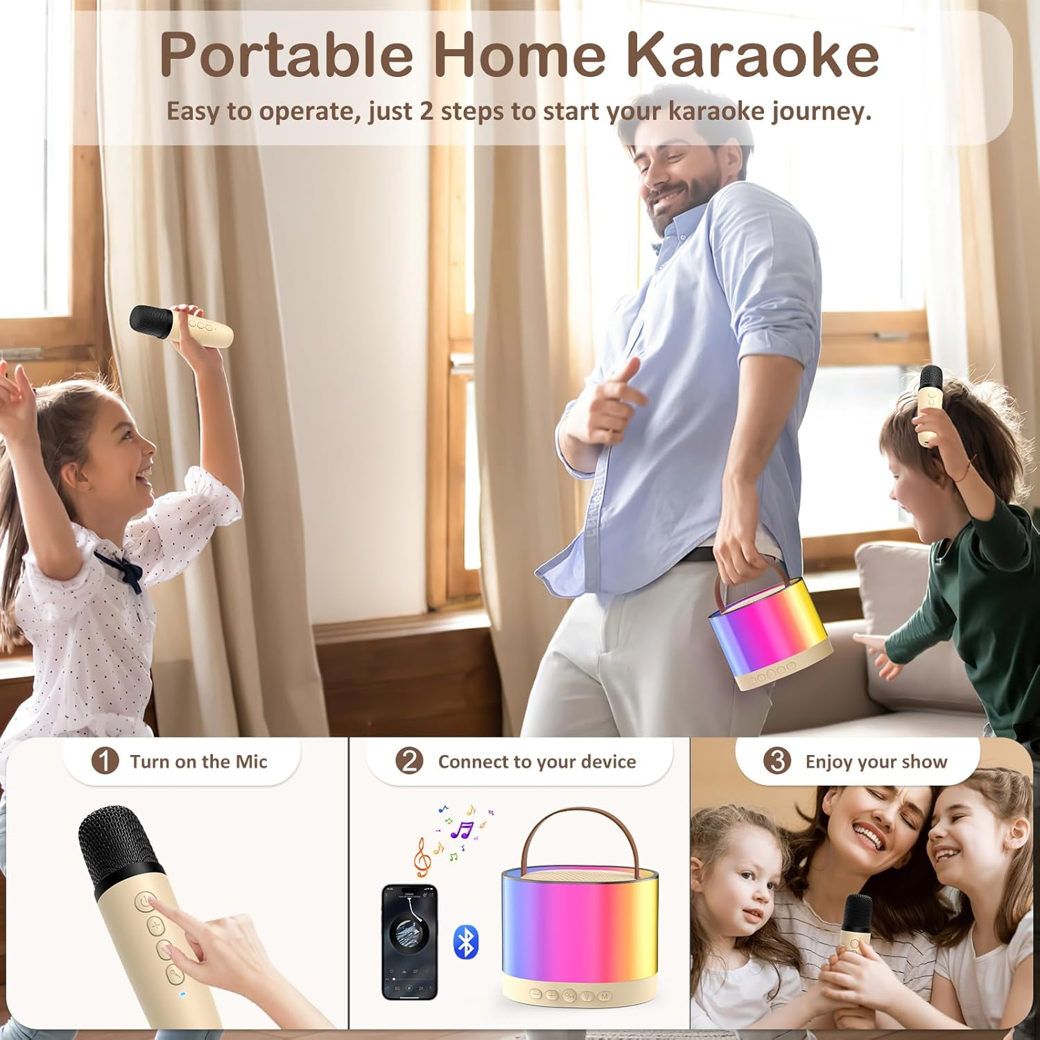 JYX Mini Karaoke Machine for Boys and Girls, Portable Bluetooth Speaker with 2 Microphones, Support TF/AUX Input/Funny Magic Voice, Gifts for Birthday Party (Beige-2Mic)