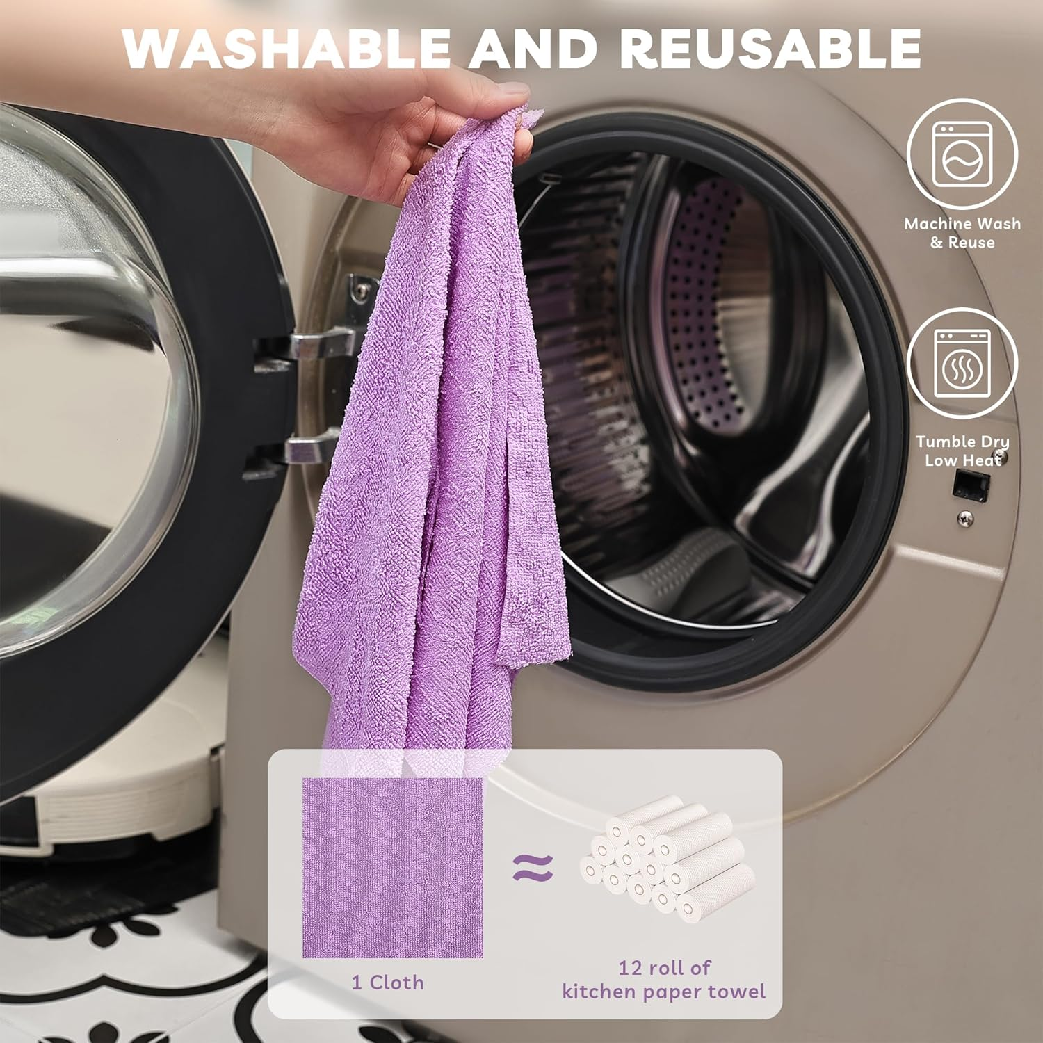 Socrates Microfiber Cleaning Cloth Roll &ndash; 50 Tear-Away Microfibre Cloth Sheets, Ultra-Absorbent, Reusable, Washable, Quick-Dry Microfibre Towels for Kitchen or Car in (Purple) image number 4