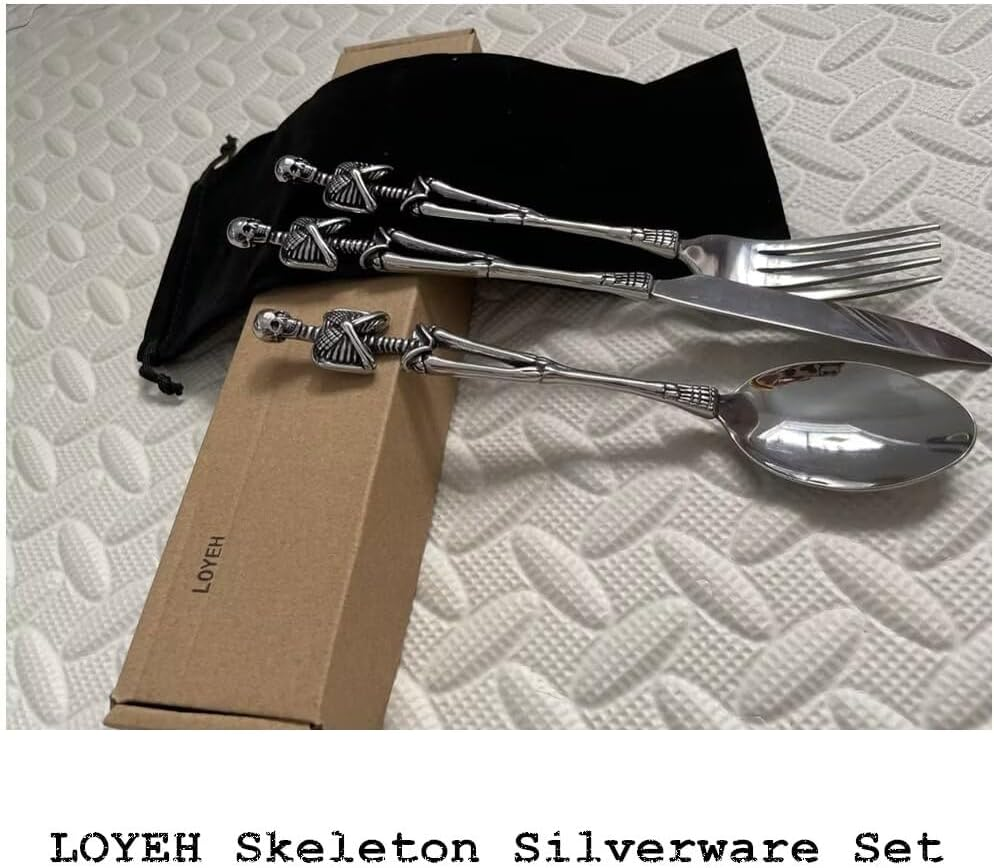 SENIURIS Skeleton Silverware Set, Personality Skull Stainless Steel Unique Design Spoon Fork for Halloween Easter and Christmas. (Skeleton with Knife)