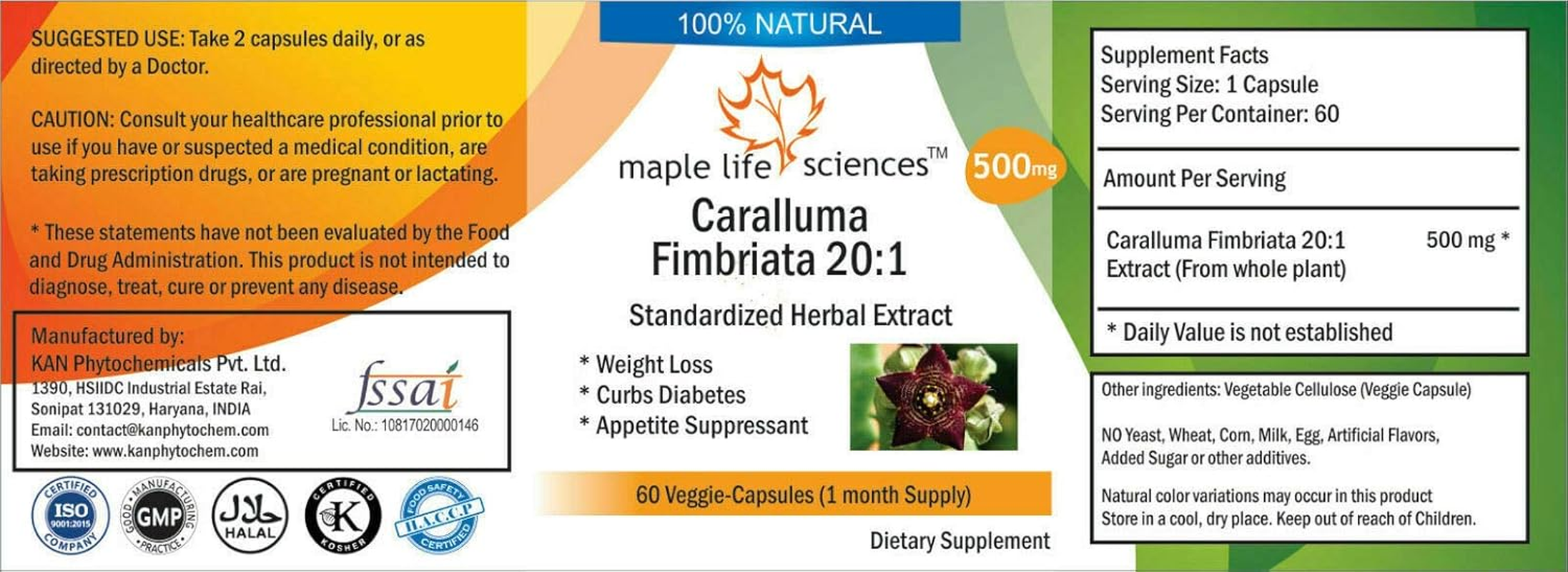 Caralluma Fimbriata 20:1 Extract - 60 Vegan Capsules - 500Mg image number 1