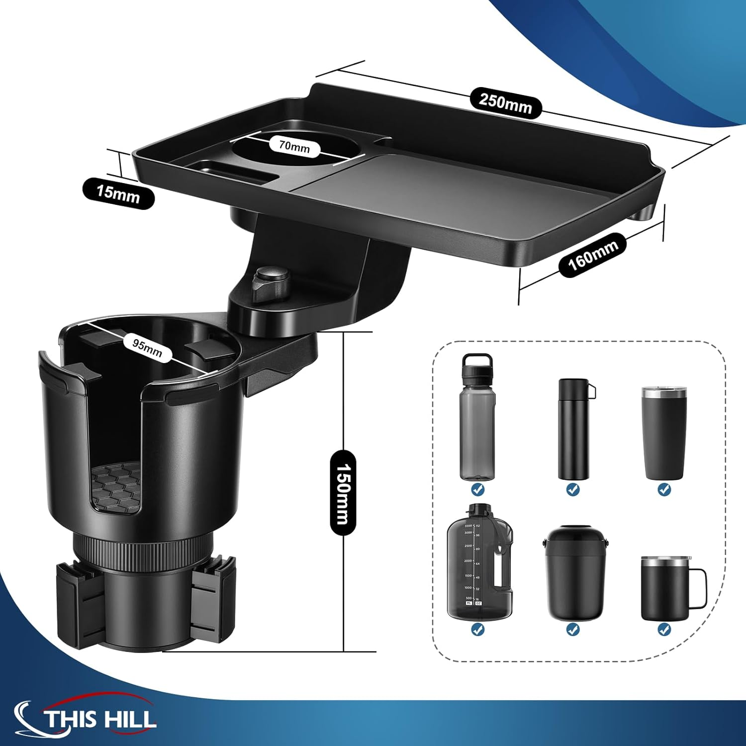 This Hill Cup Holder Tray for Car, 2 in 1 Detachable Car Food Table Tray with Solid Base & Phone Slot,Car Cup Holder Expander with 360&deg;Rotation Tray for Travel Road Essentials Accessories image number 2