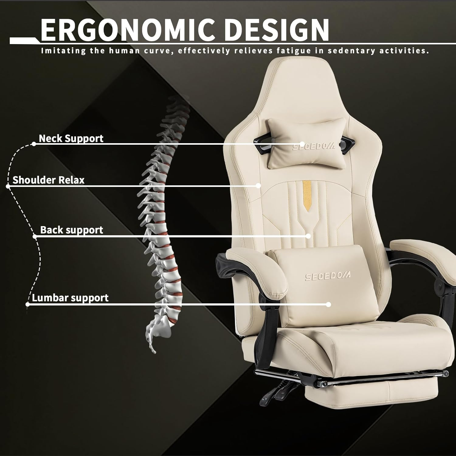 SEGEDOM Beige White Gaming Chair | with Footrest, Ergonomic, Massage Lumbar Cushion, Adjustable, Recliner | PVC Leather(Beige) image number 1