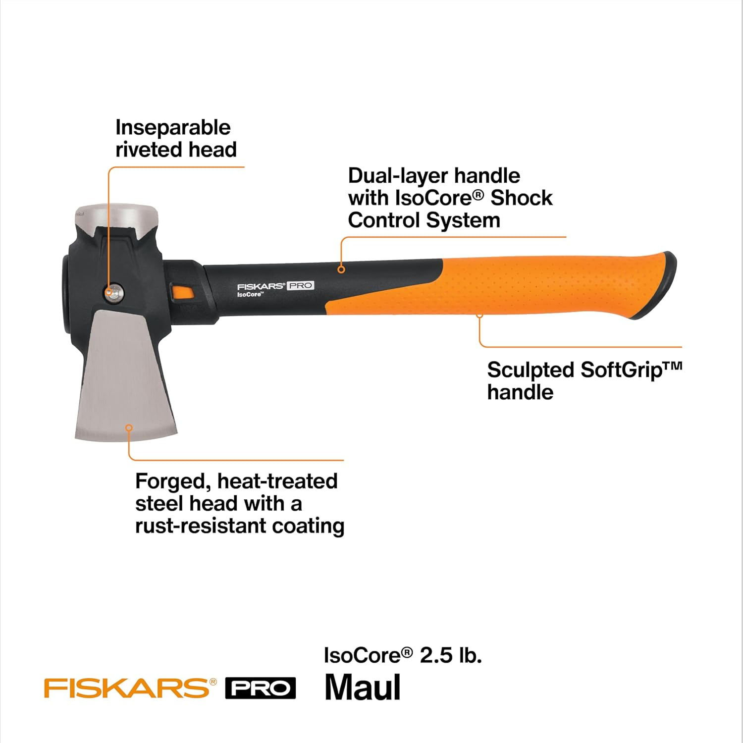 Fiskars Pro Isocore Maul - 2.5-Pound Wood Splitter for Small Size Logs and Kindling with Shock-Absorbing Handle - Black/Orange image number 3